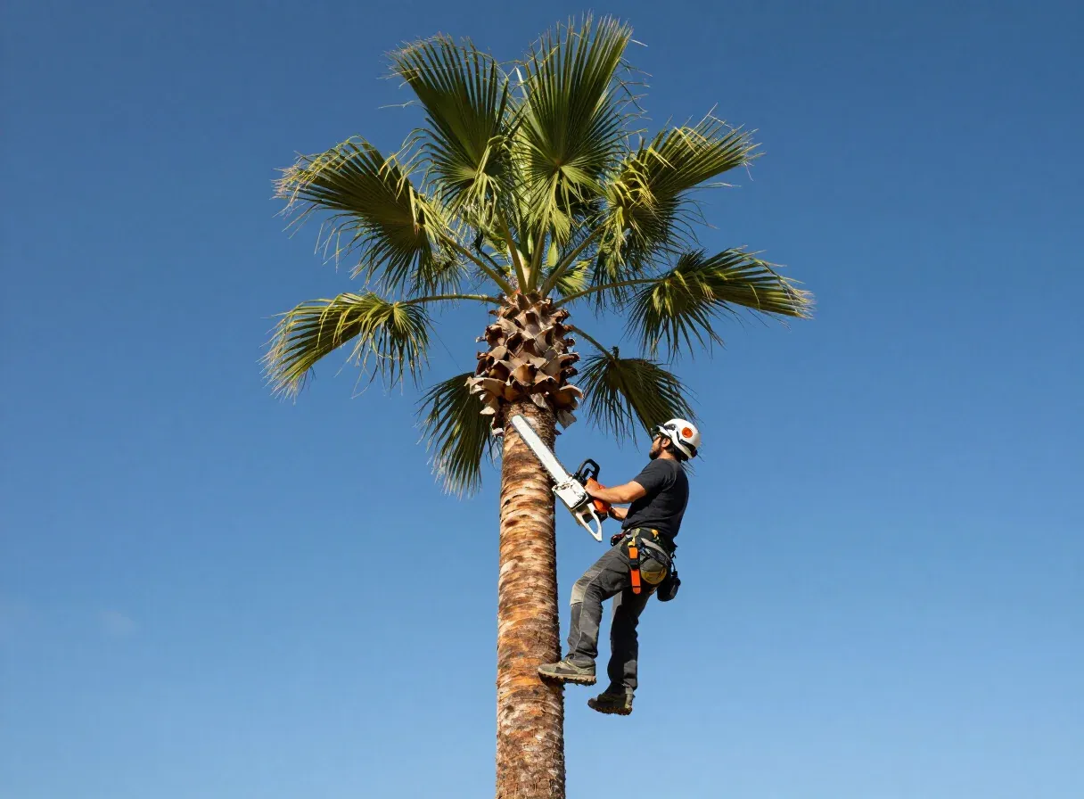 Climber skinning and trimming a tall Mexican fan palm against a blue sky